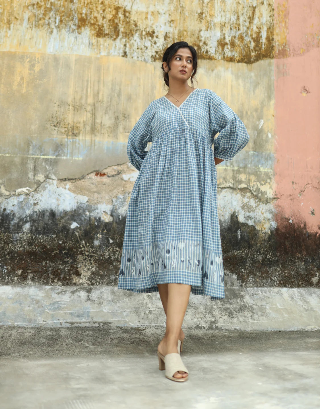 Arsh Jamdani Cotton Dress with Dropped Puff Sleeve Tritva Arsh Jamdani Cotton Dress with Dropped Puff Sleeve Tritva