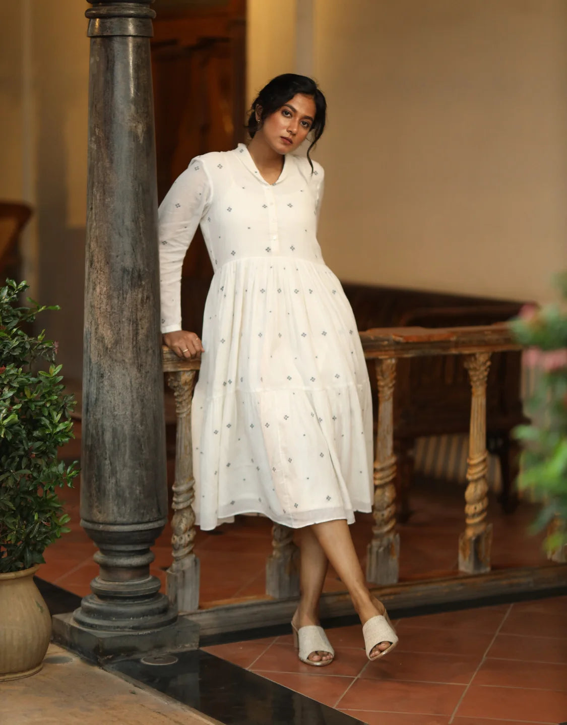 Tara Jamdani Cotton Calf-length Tier Dress Tritva Tara Jamdani Cotton Calf-length Tier Dress Tritva