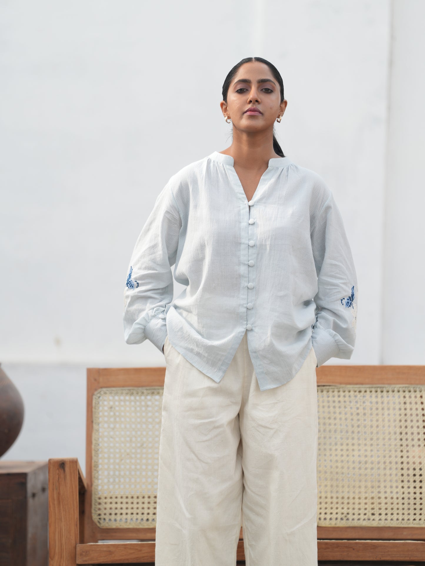 Blu Cross-Stitch Handloom Cotton Shirt - Off White