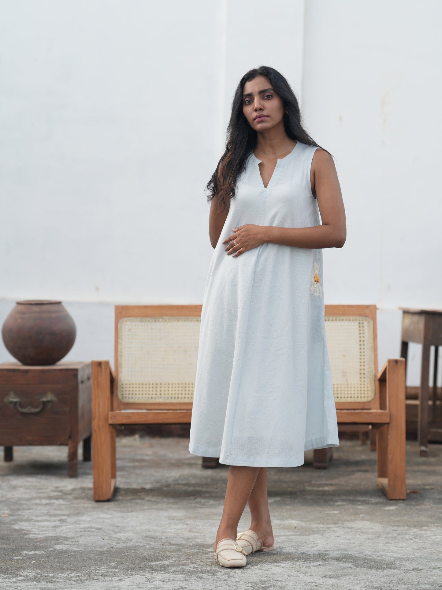 Daisy Handloom Cotton Circle Dress - Blue