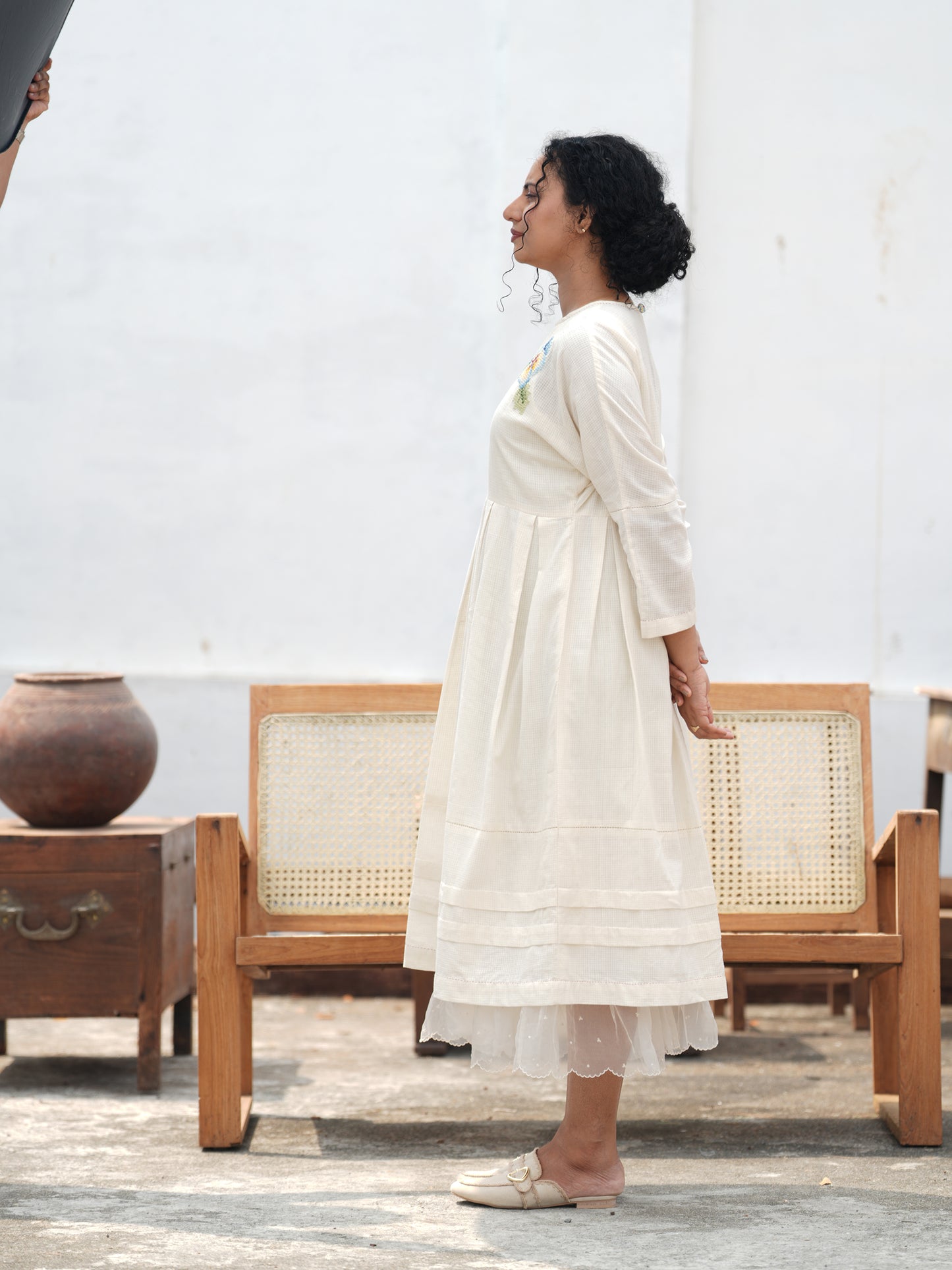 Sweet-Pea Hand Embroidered Cotton Pleated Dress