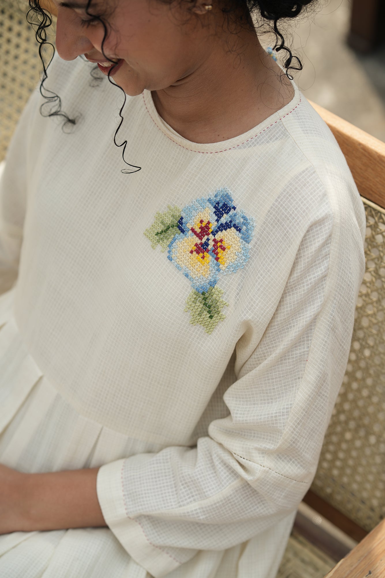 Sweet-Pea Hand Embroidered Cotton Pleated Dress