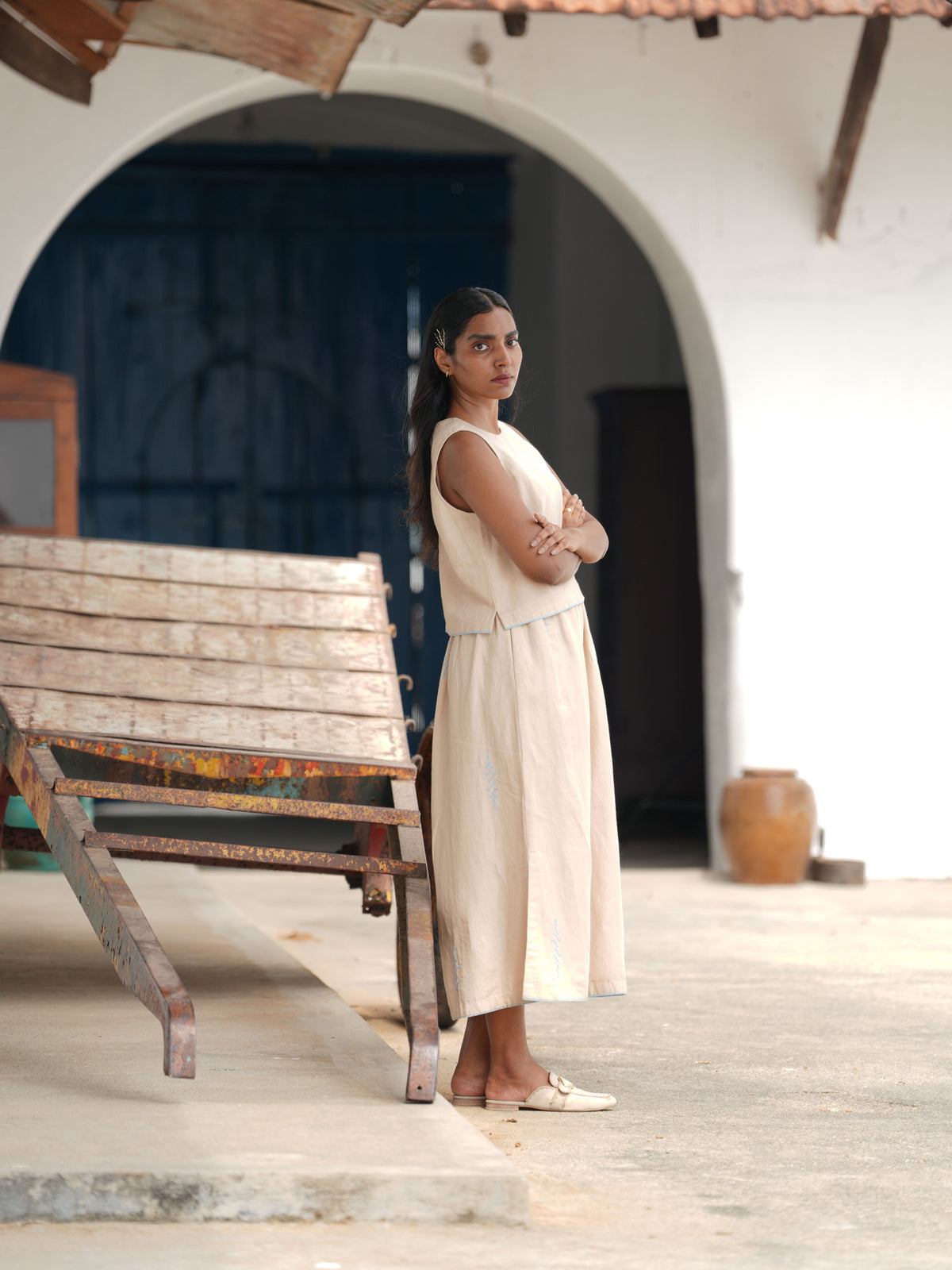 Ananta Cotton Linen Crop Top With Skirt