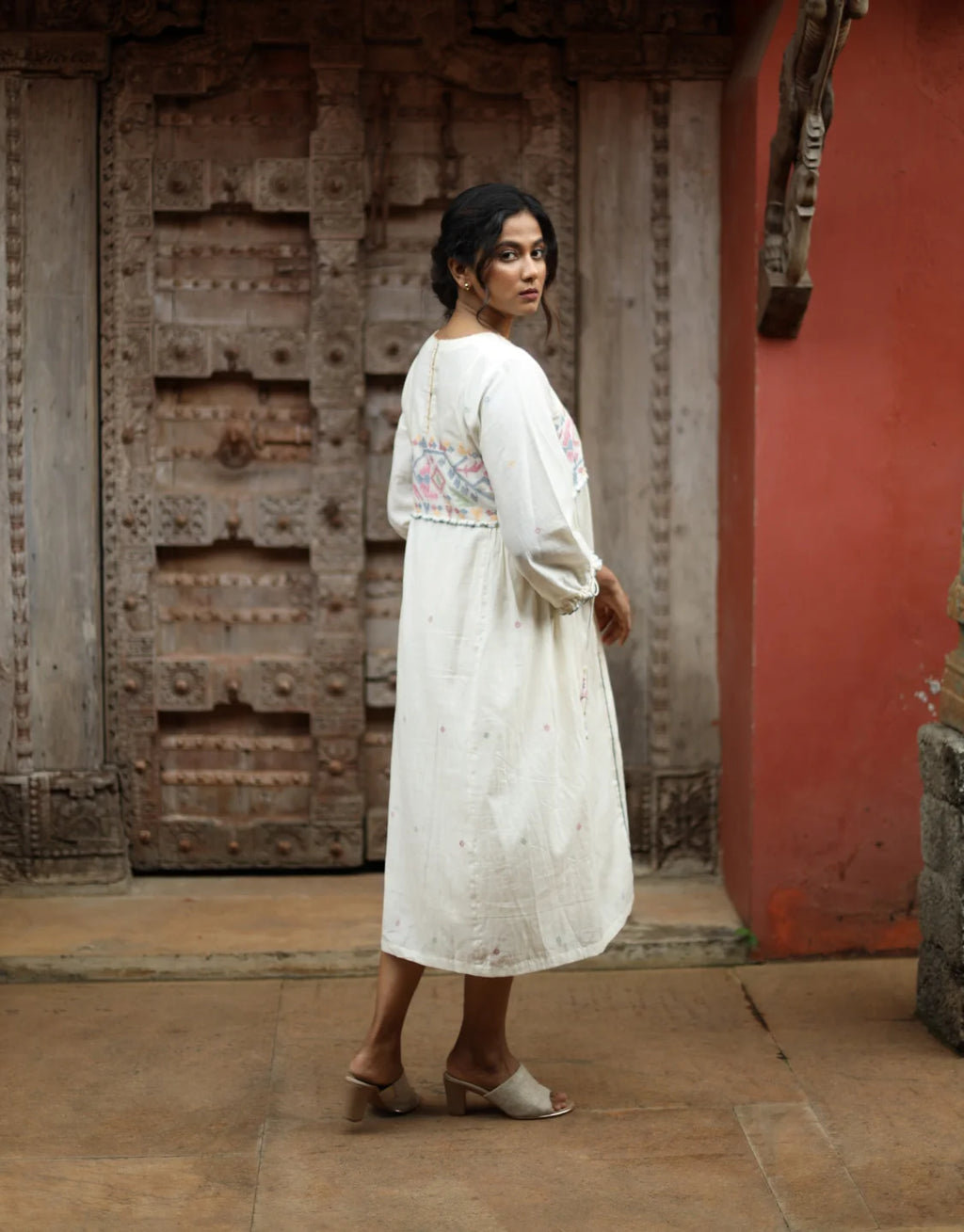 Aroha Jamdani Cotton Calf Length Dress With Yoke