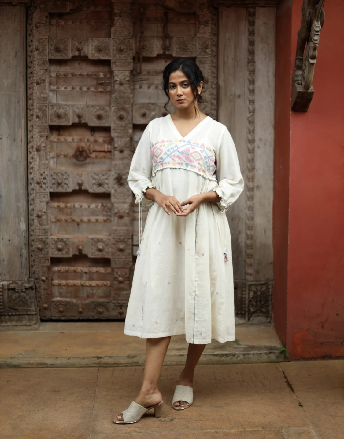 Aroha Jamdani Cotton Calf Length Dress With Yoke