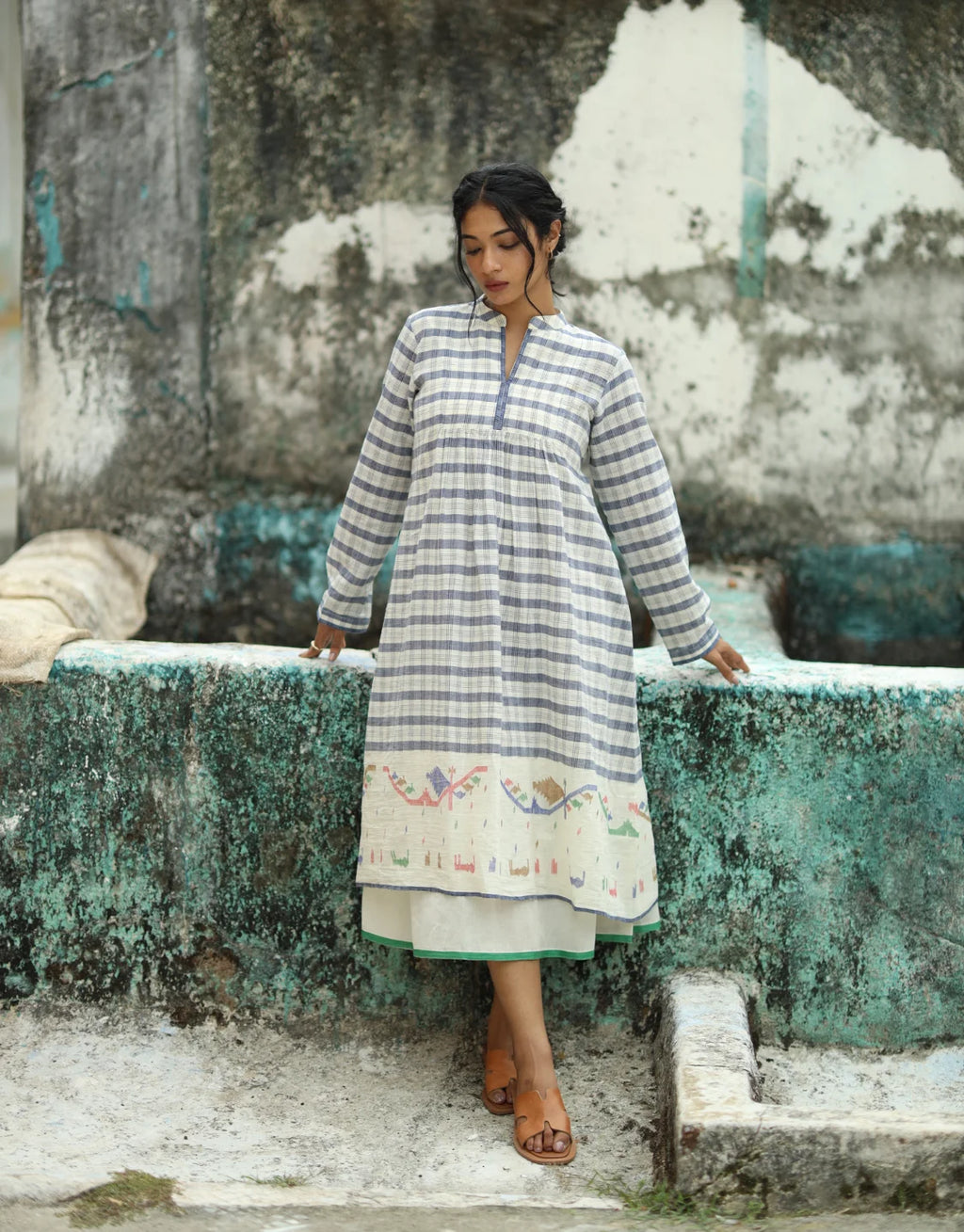 Evara Jamdani Cotton Calf Length Dress With Hemmed Slip