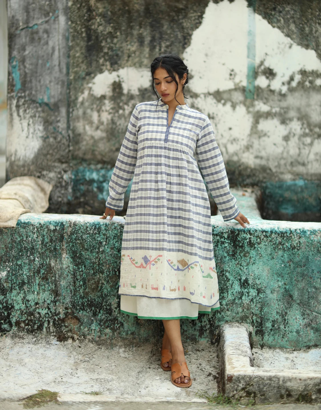 Evara Jamdani Cotton Calf Length Dress With Hemmed Slip