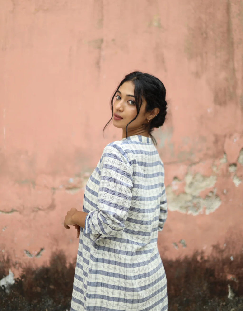 Evara Jamdani Cotton Calf Length Dress With Hemmed Slip