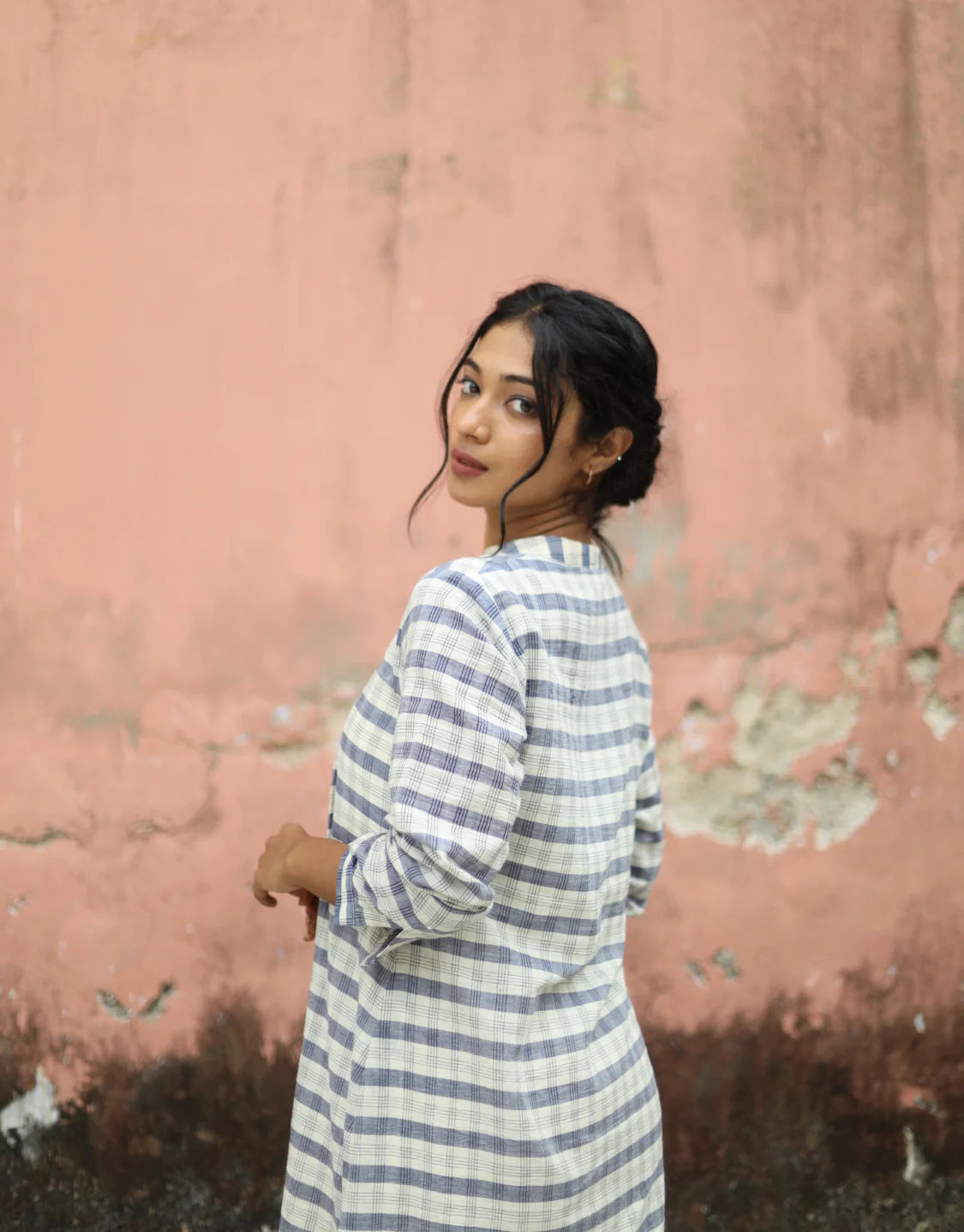Evara Jamdani Cotton Calf Length Dress With Hemmed Slip
