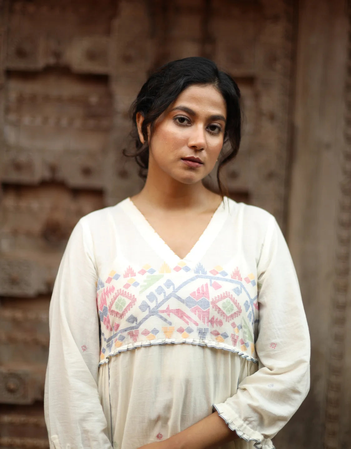 Aroha Jamdani Cotton Calf Length Dress With Yoke