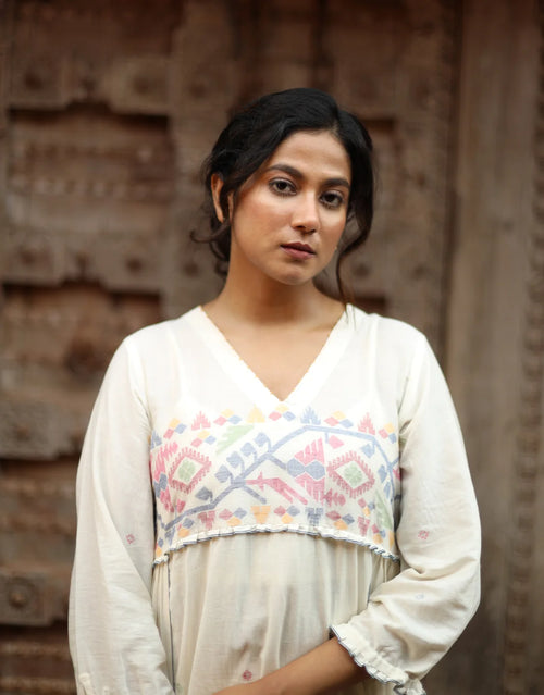 Aroha Jamdani Cotton Calf Length Dress With Yoke