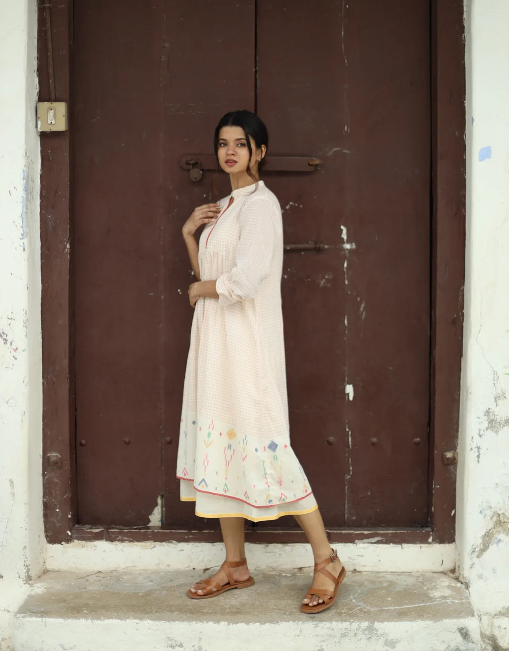 Inara Jamdani Cotton Calf Length Dress With Hemmed Slip