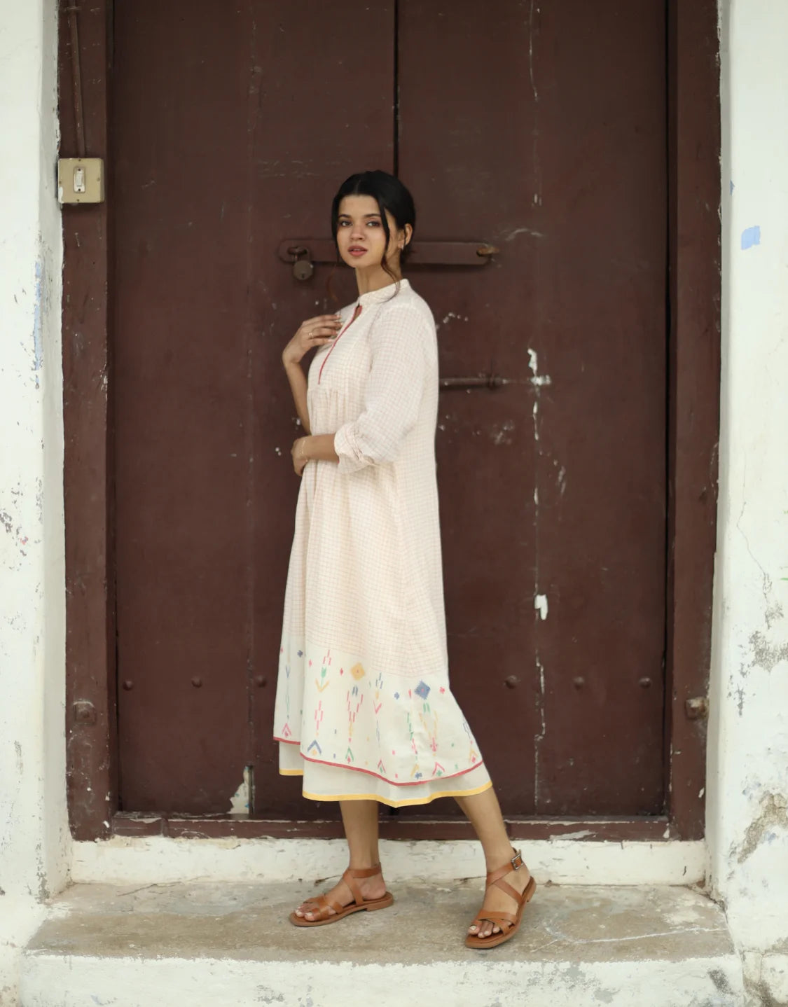 Inara Jamdani Cotton Calf Length Dress With Hemmed Slip