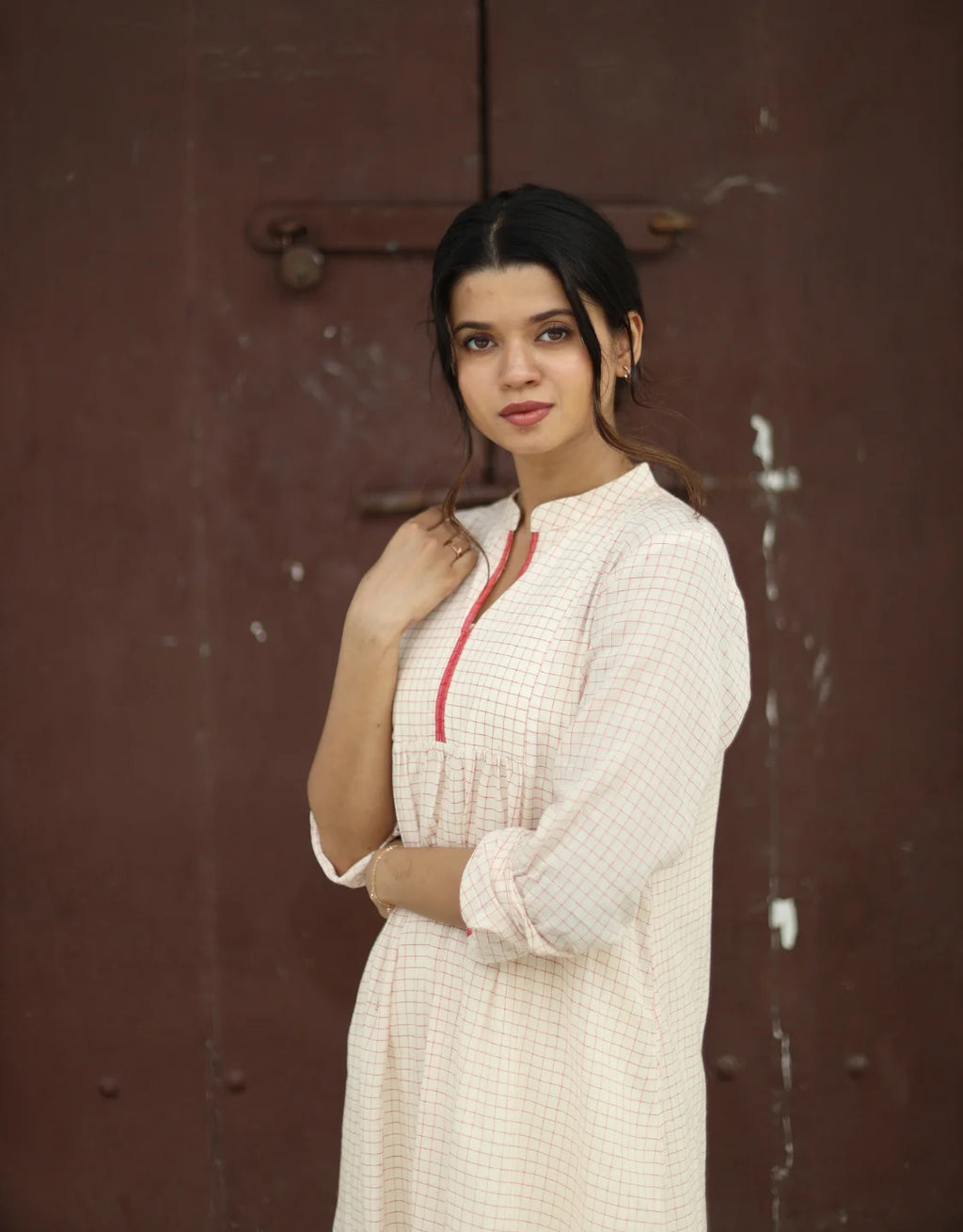 Inara Jamdani Cotton Calf Length Dress With Hemmed Slip