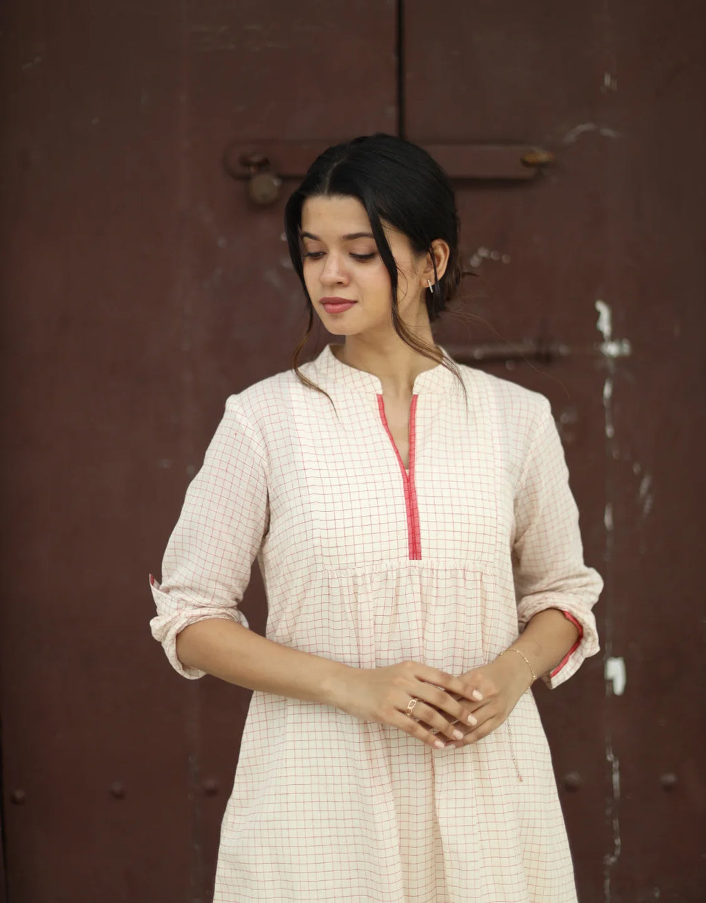 Inara Jamdani Cotton Calf Length Dress With Hemmed Slip