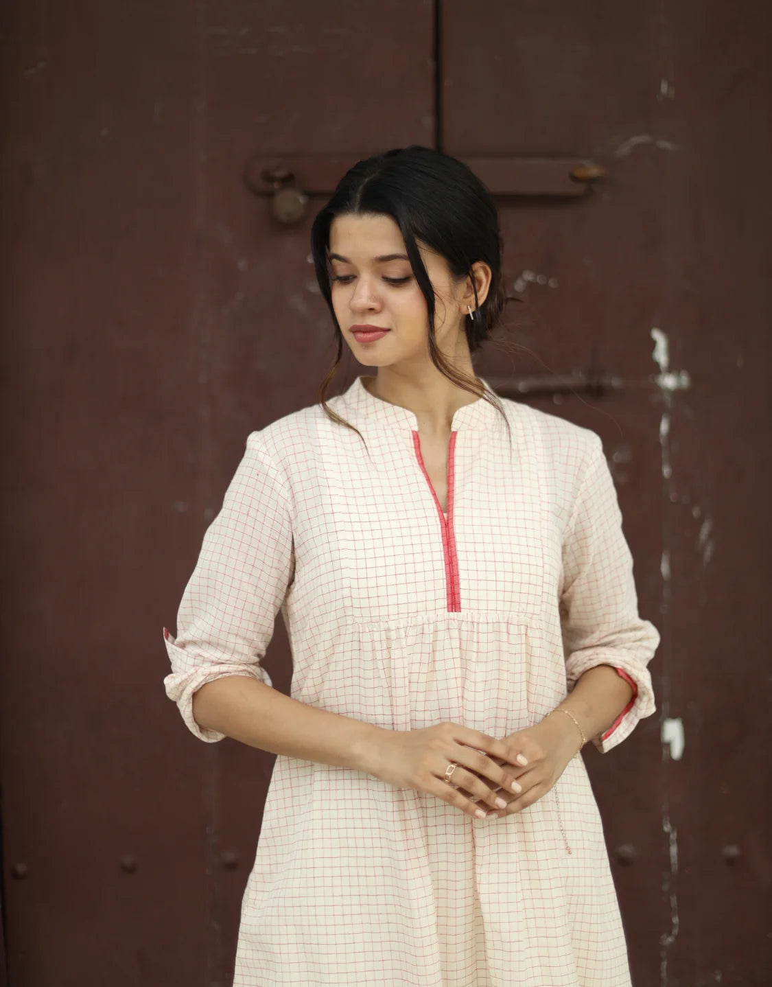 Inara Jamdani Cotton Calf Length Dress With Hemmed Slip