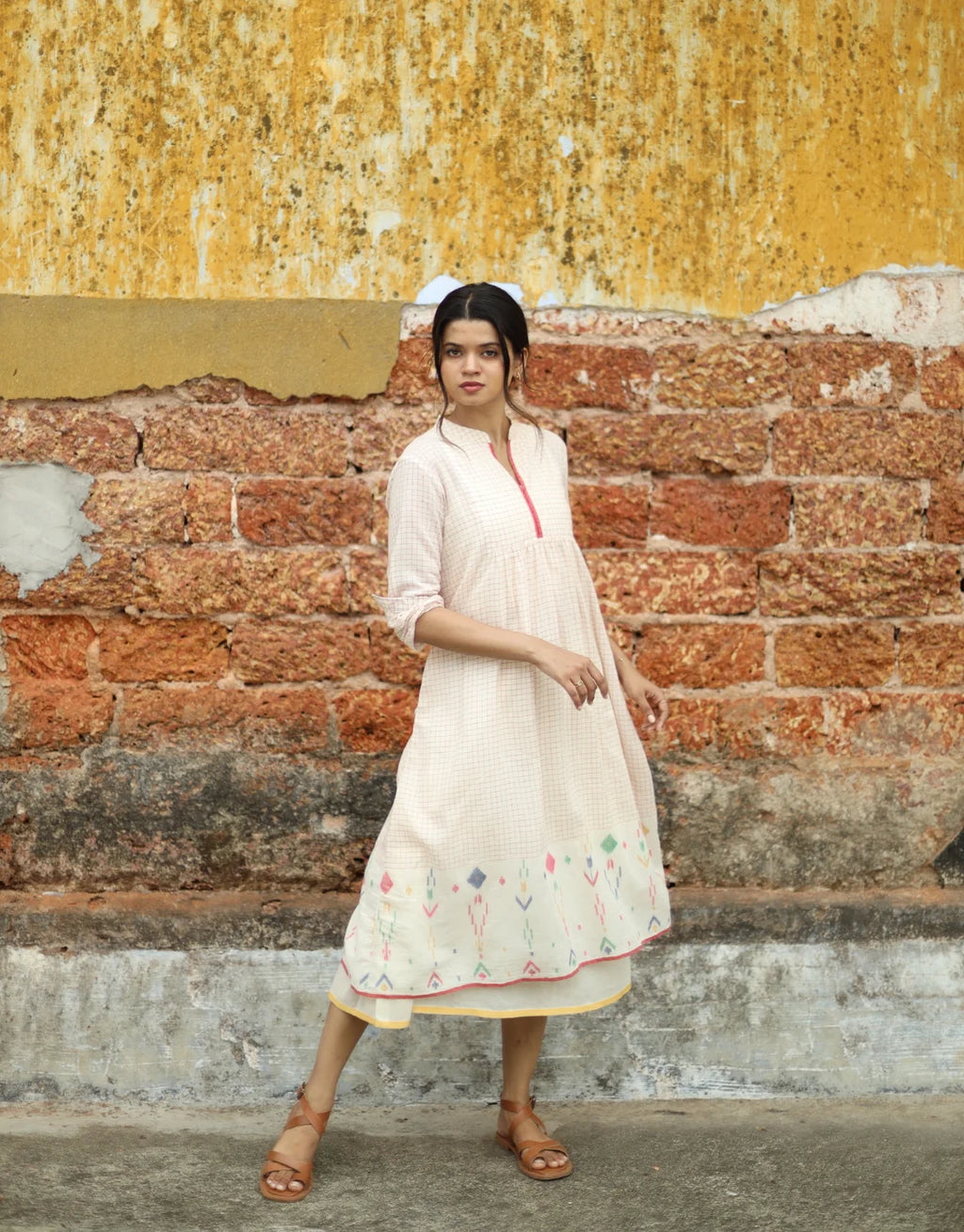 Inara Jamdani Cotton Calf Length Dress With Hemmed Slip