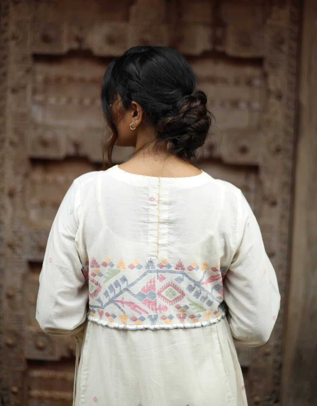 Aroha Jamdani Cotton Calf Length Dress With Yoke