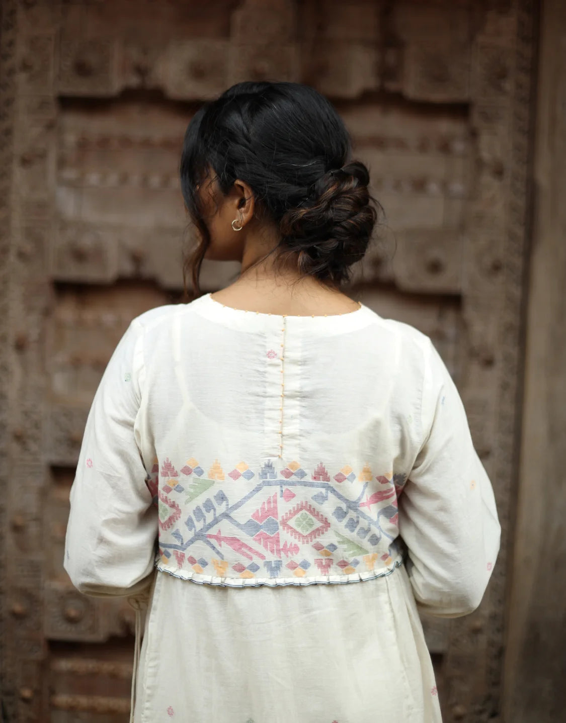 Aroha Jamdani Cotton Calf Length Dress With Yoke