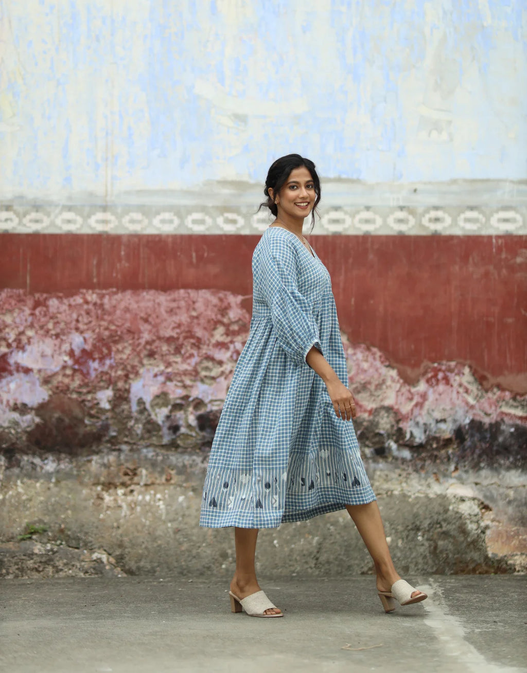 Arsh Jamdani Cotton Dress With Dropped Puff Sleeve