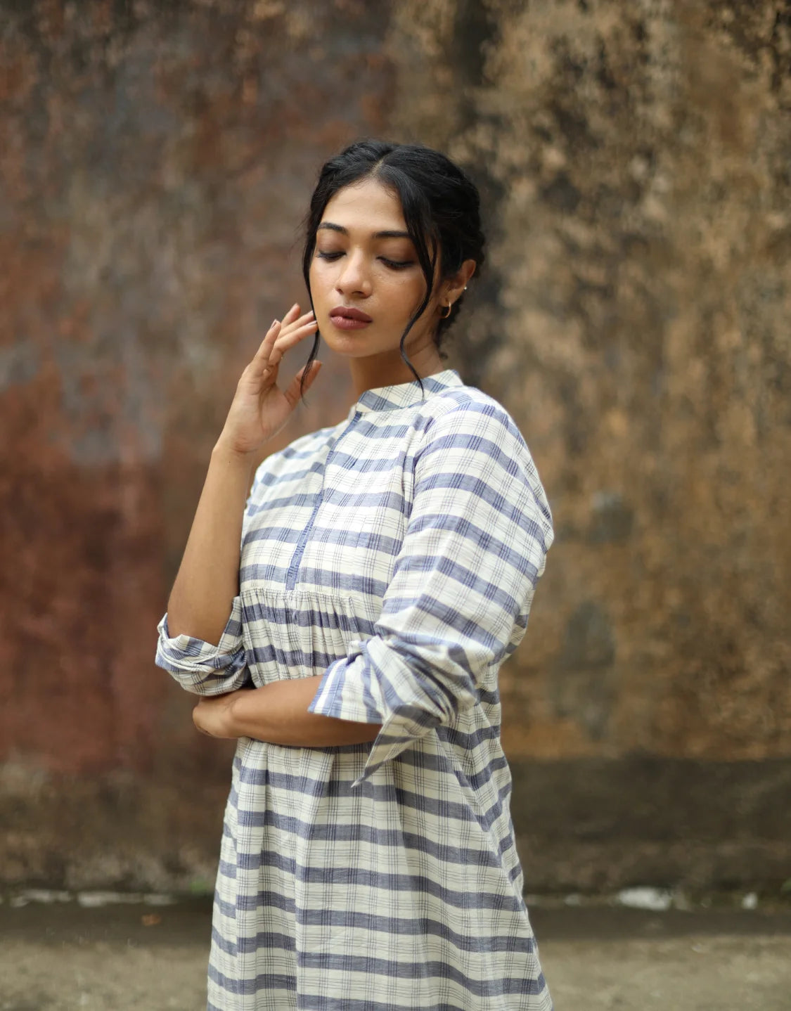 Evara Jamdani Cotton Calf Length Dress With Hemmed Slip