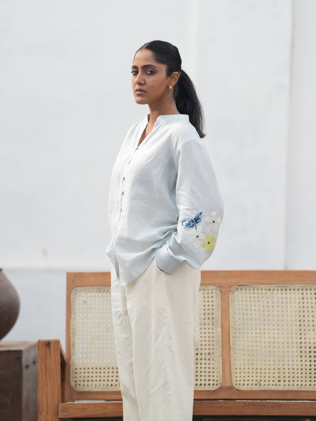 Blu Cross-Stitch Handloom Cotton Shirt - Blue
