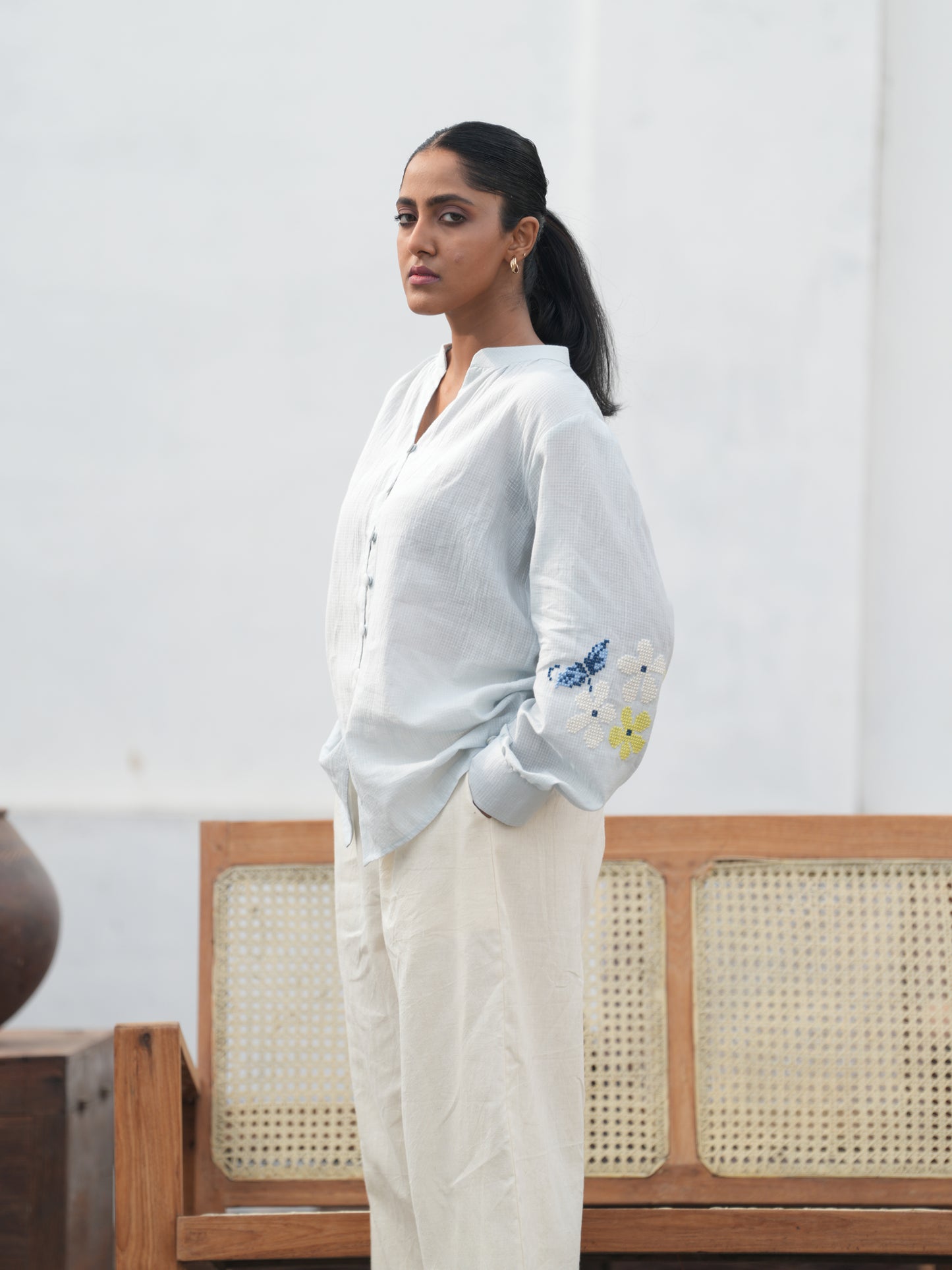 Blu Cross-Stitch Handloom Cotton Shirt - Blue
