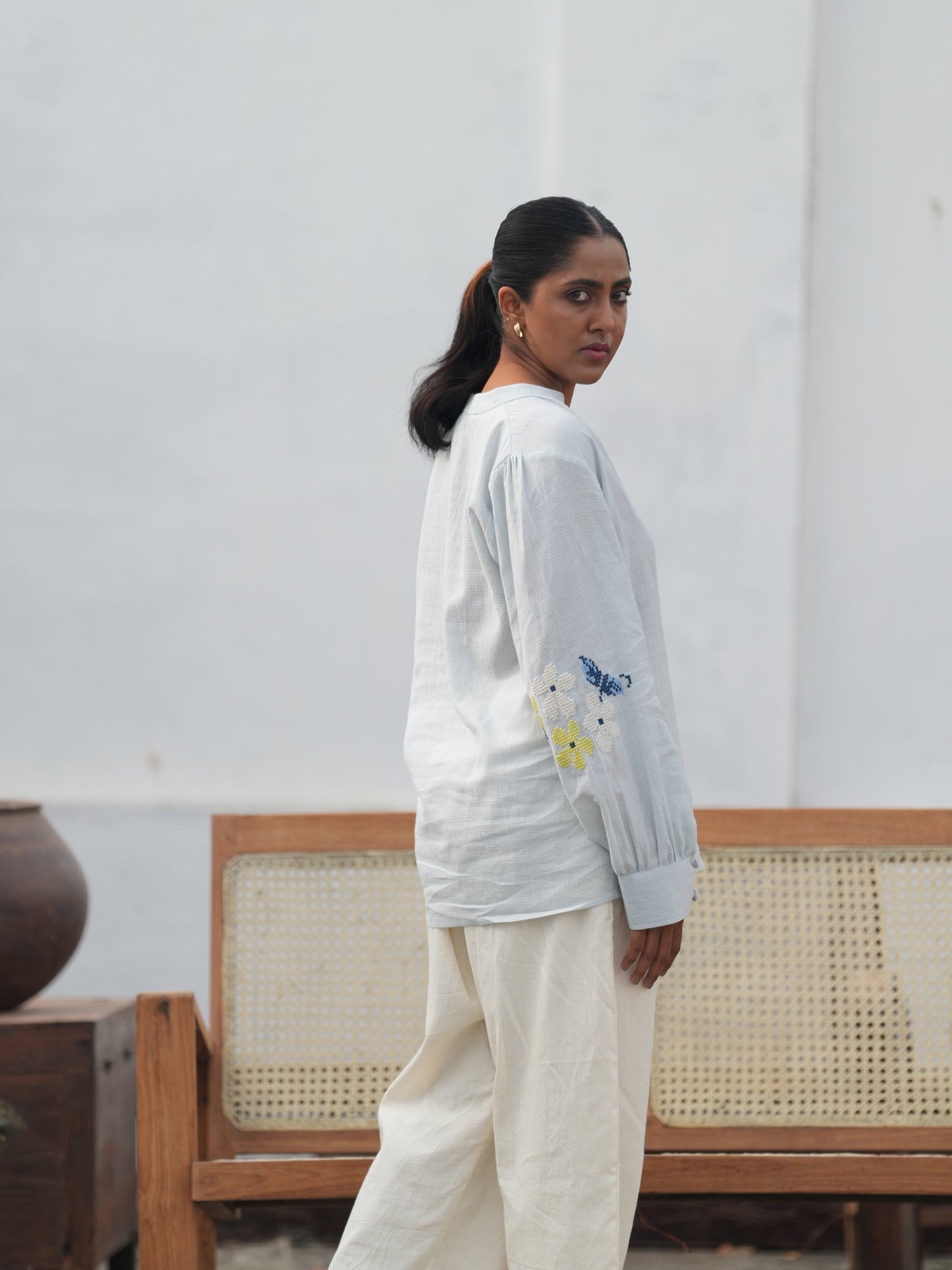 Blu Cross-Stitch Handloom Cotton Shirt - Blue