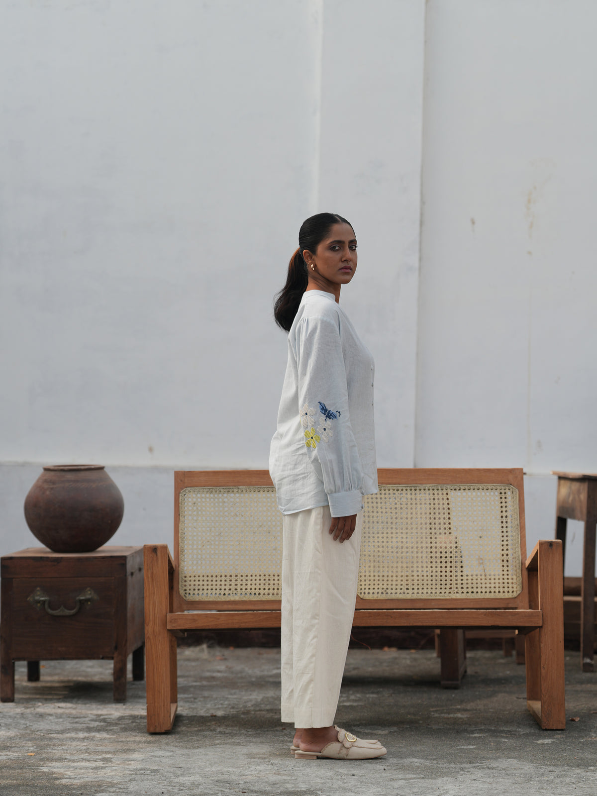 Blu Cross-Stitch Handloom Cotton Shirt - Blue