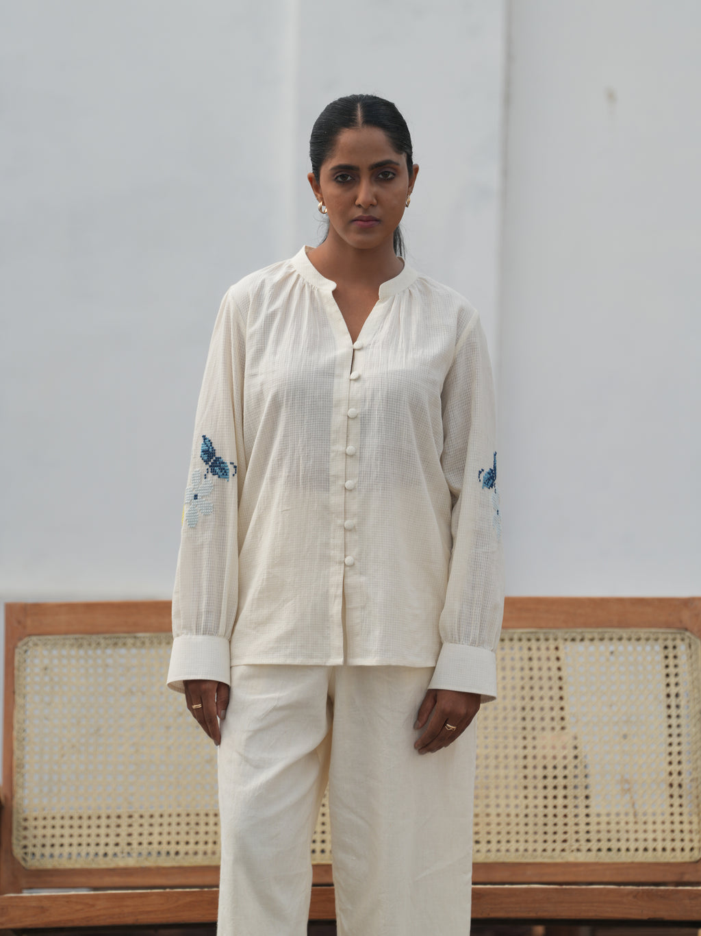 Blu Cross-Stitch Handloom Cotton Shirt - Off White