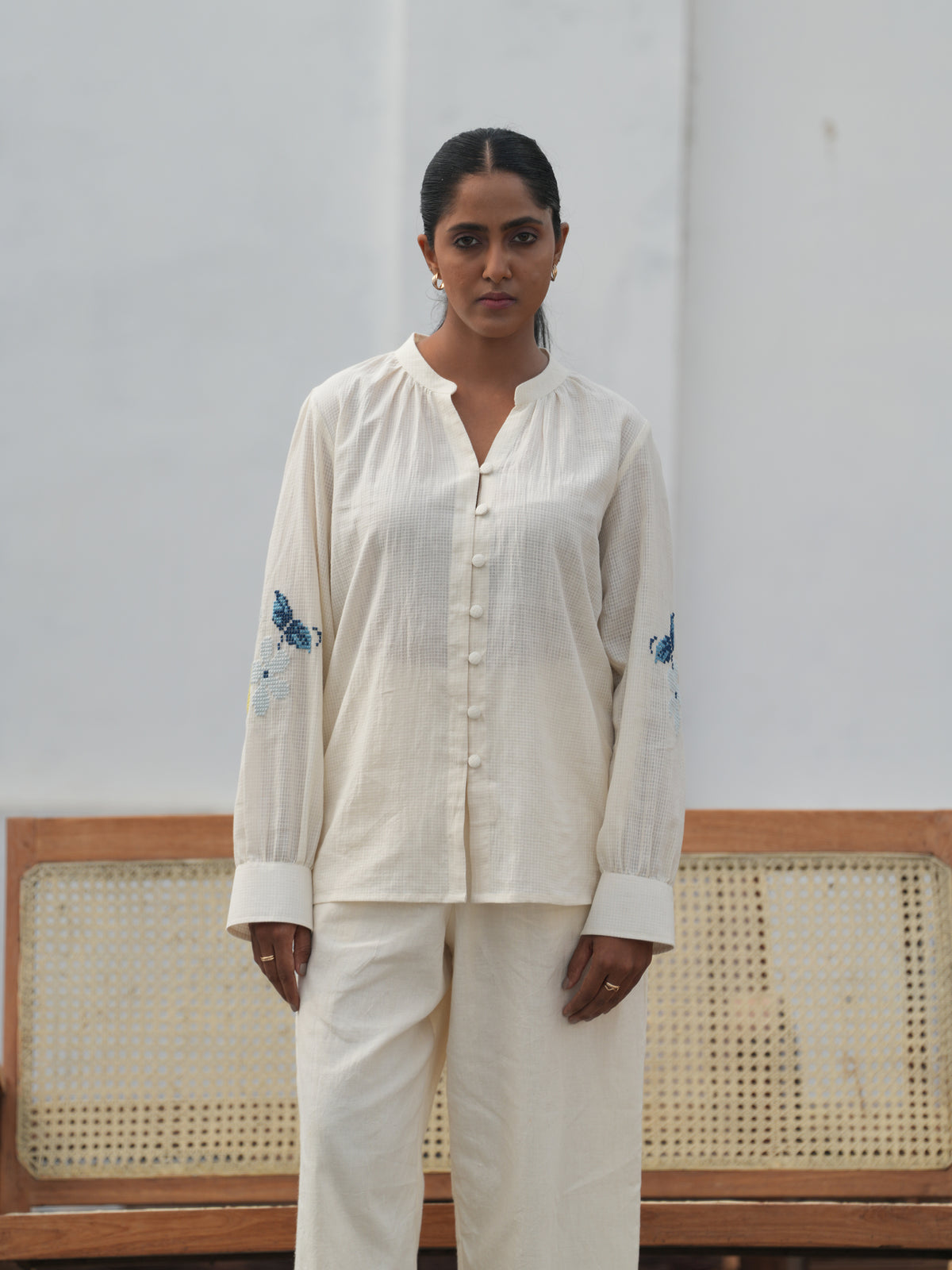Blu Cross-Stitch Handloom Cotton Shirt - Blue