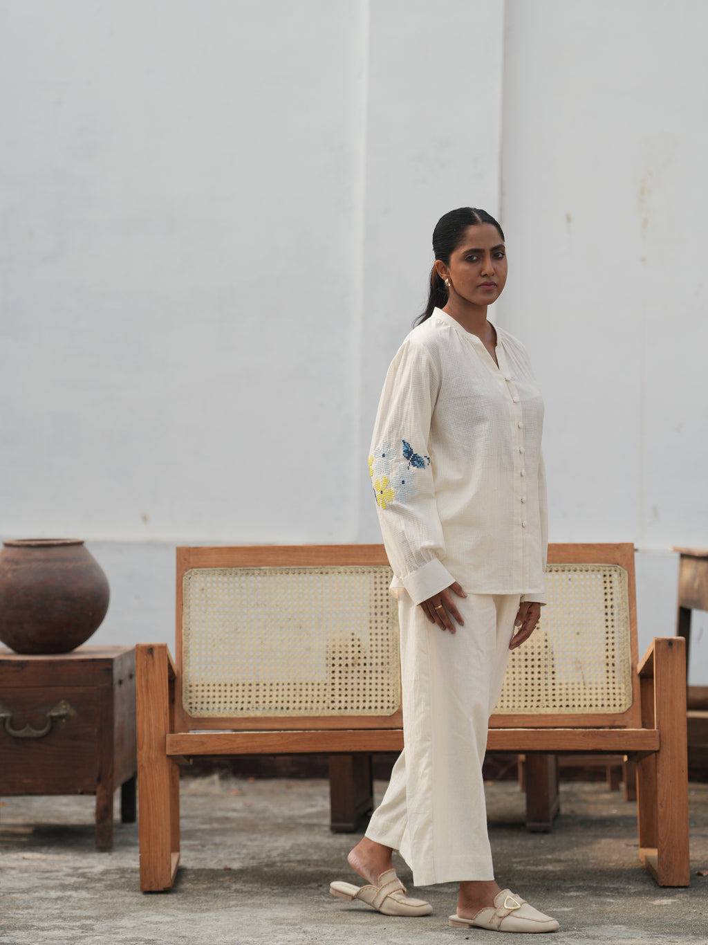 Blu Cross-Stitch Handloom Cotton Shirt - Off White