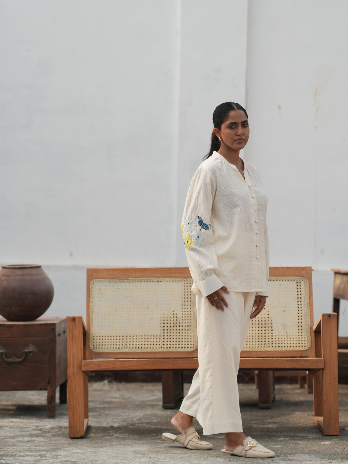 Blu Cross-Stitch Handloom Cotton Shirt - Off White