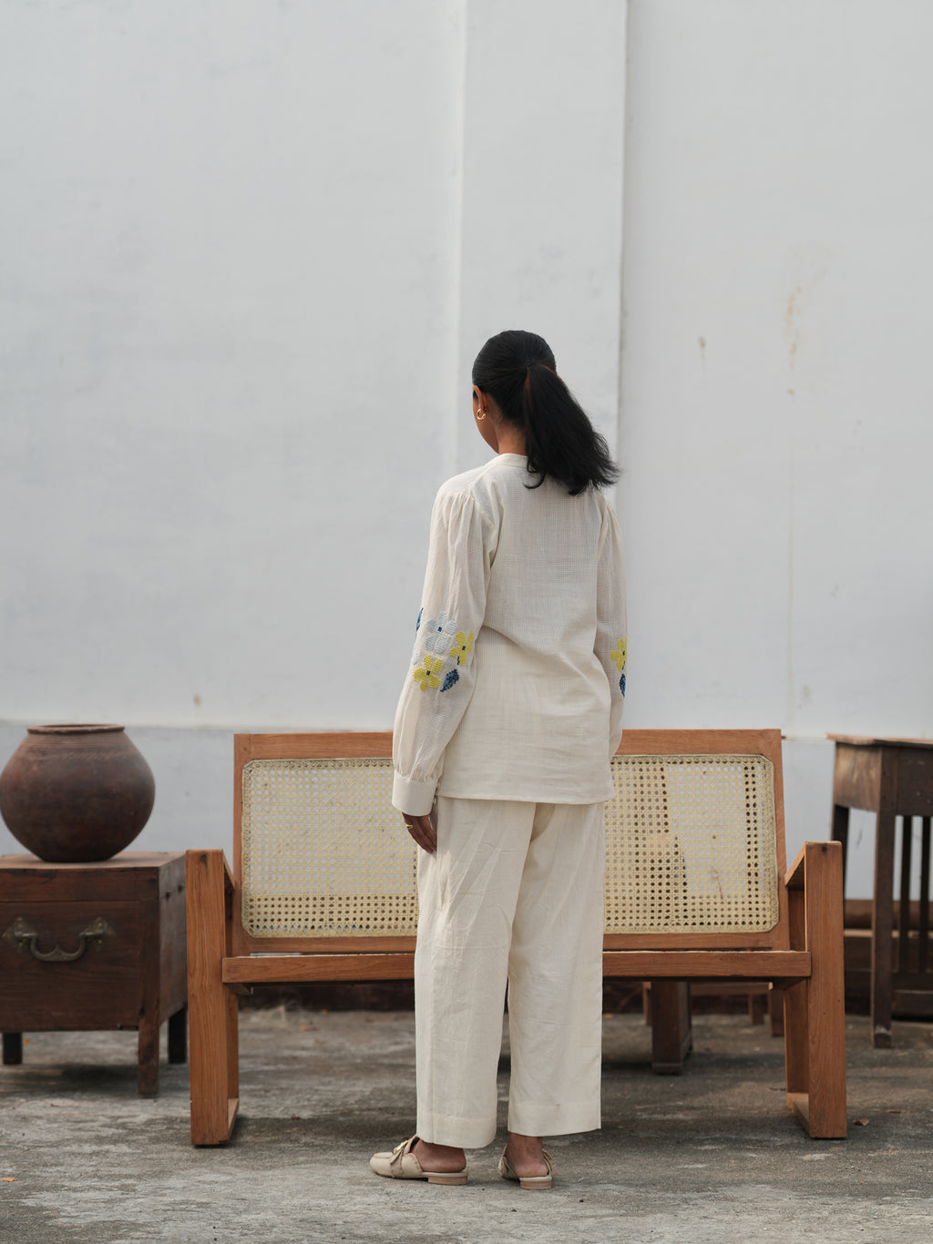 Blu Cross-Stitch Handloom Cotton Shirt - Off White
