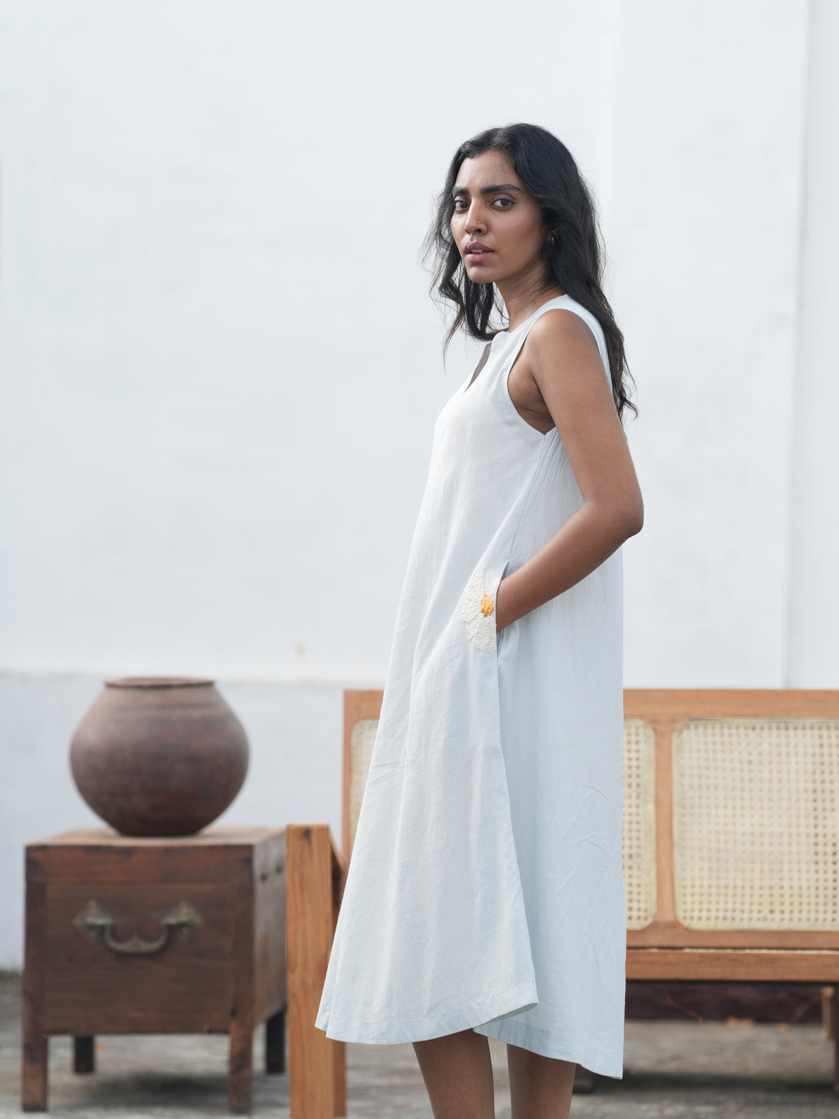 Daisy Handloom Cotton Circle Dress - Blue