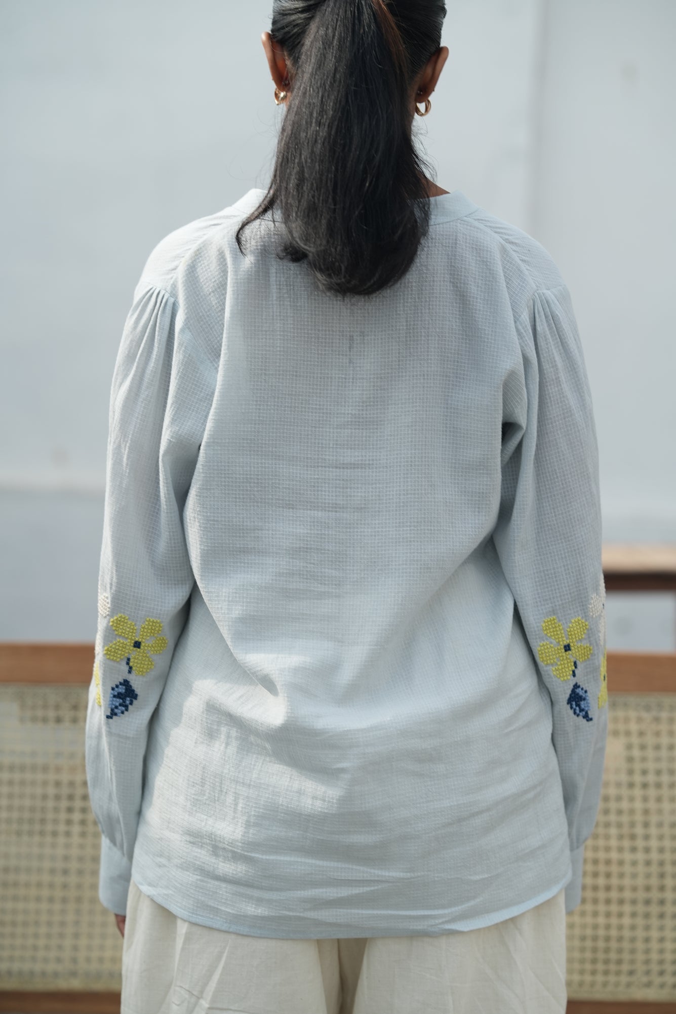 Blu Cross-Stitch Handloom Cotton Shirt - Blue