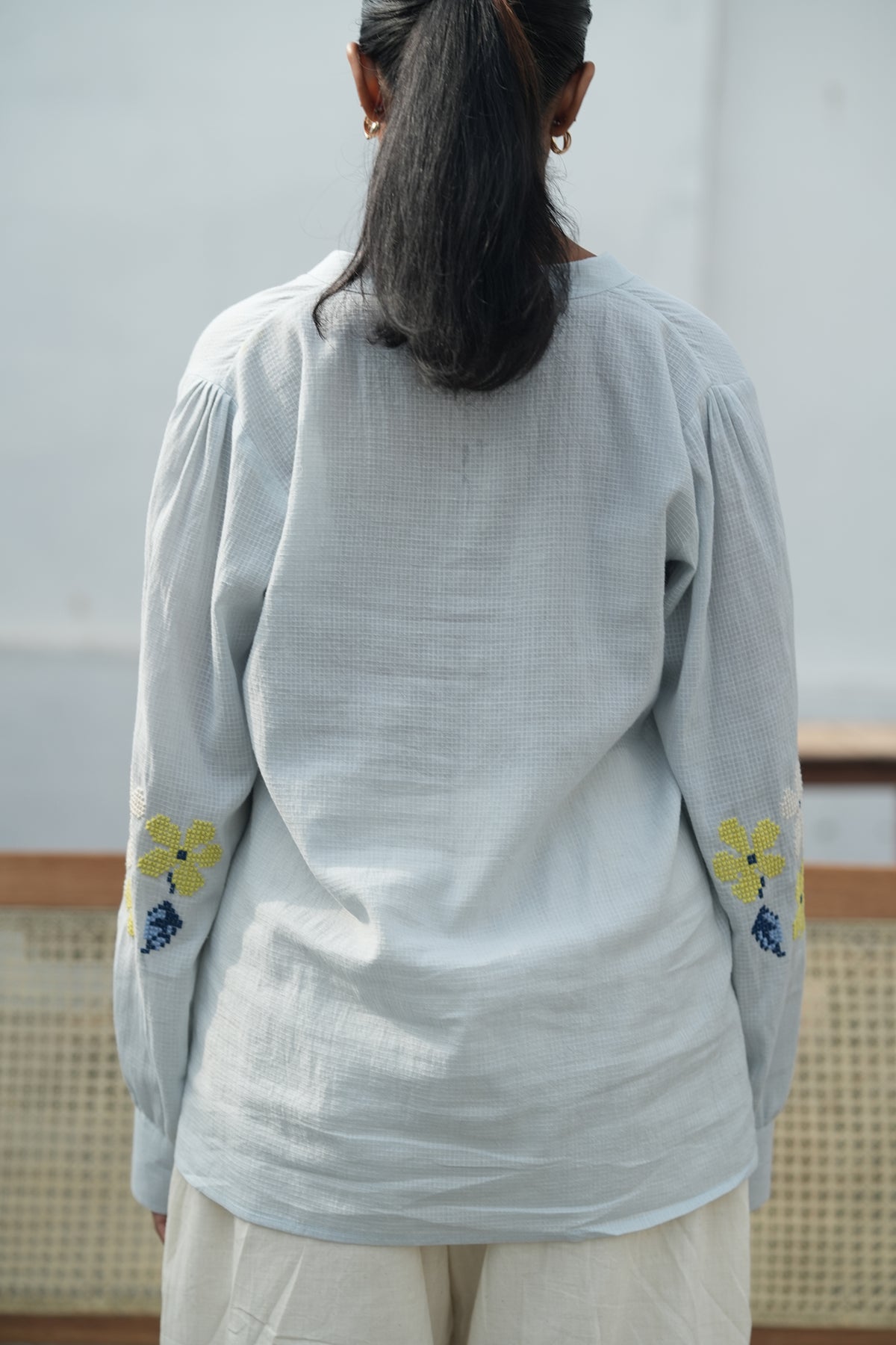 Blu Cross-Stitch Handloom Cotton Shirt - Blue