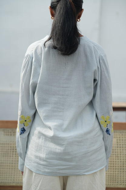 Blu Cross-Stitch Handloom Cotton Shirt - Blue