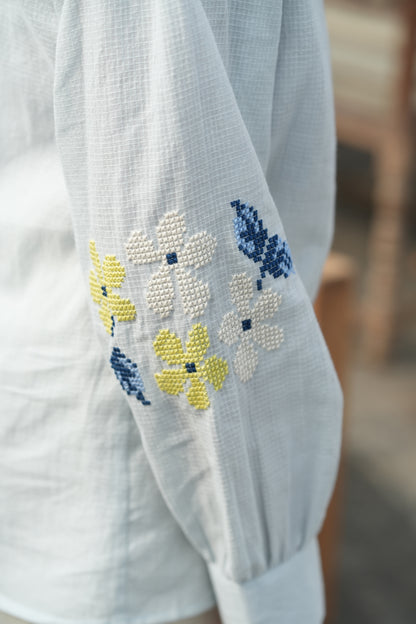 Blu Cross-Stitch Handloom Cotton Shirt - Blue