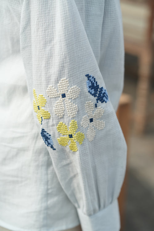 Blu Cross-Stitch Handloom Cotton Shirt - Blue