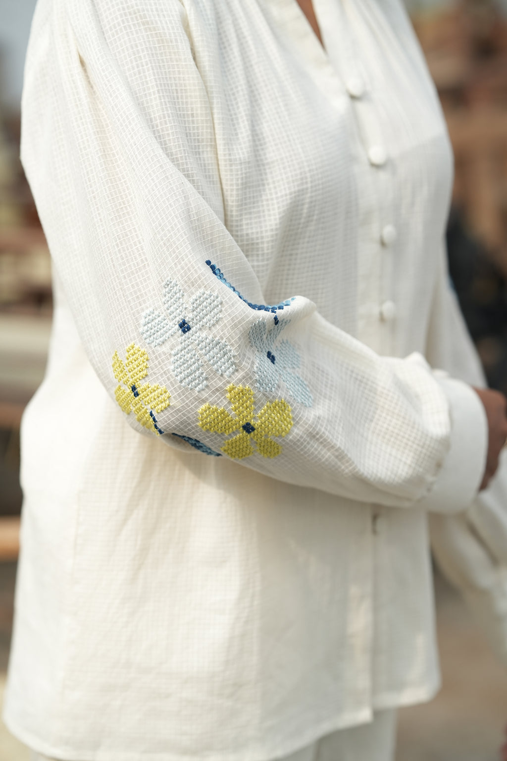 Blu Cross-Stitch Handloom Cotton Shirt - Off White