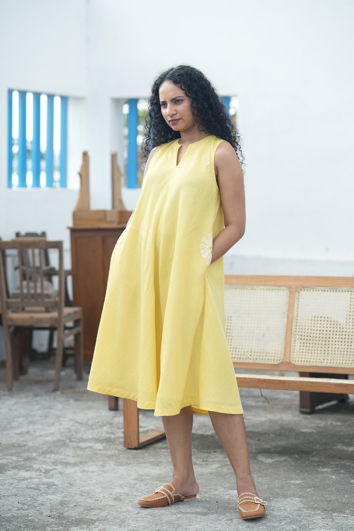 Daisy Handloom Cotton Circle Dress - Yellow