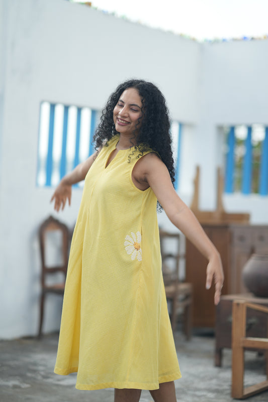 Daisy Handloom Cotton Circle Dress - Yellow