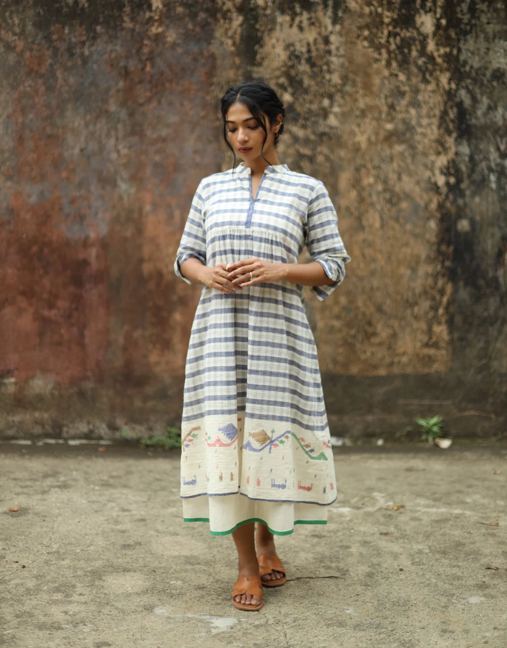 Evara Jamdani Cotton Calf Length Dress With Hemmed Slip